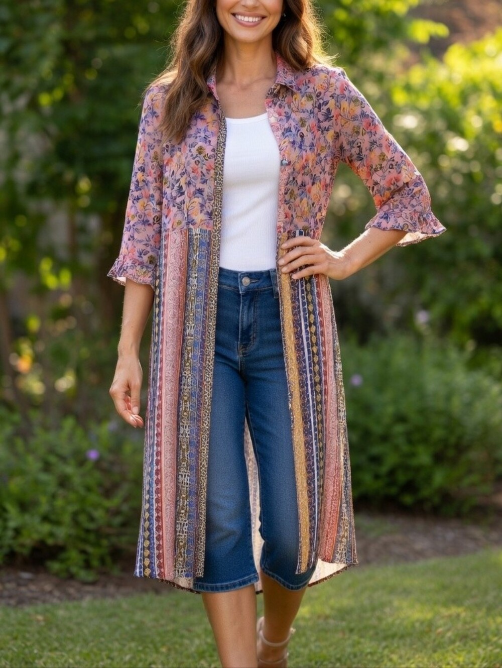 fig and flower Pink Multi Patterned Floral Half Button Boho Long Tunic Size M